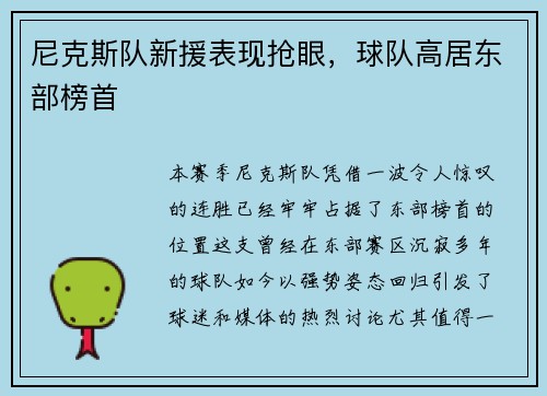 尼克斯队新援表现抢眼，球队高居东部榜首