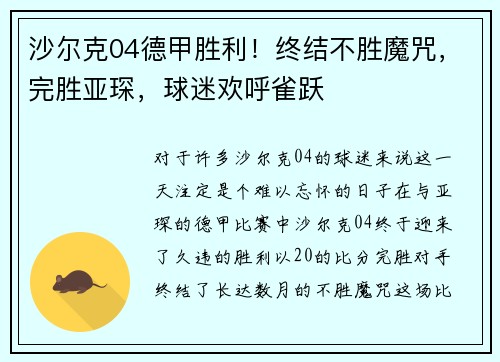 沙尔克04德甲胜利！终结不胜魔咒，完胜亚琛，球迷欢呼雀跃
