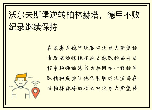 沃尔夫斯堡逆转柏林赫塔，德甲不败纪录继续保持