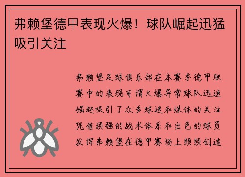 弗赖堡德甲表现火爆！球队崛起迅猛吸引关注