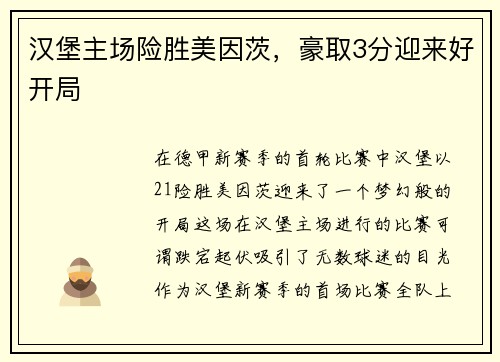 汉堡主场险胜美因茨，豪取3分迎来好开局