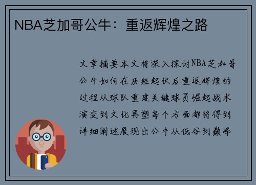 NBA芝加哥公牛：重返辉煌之路
