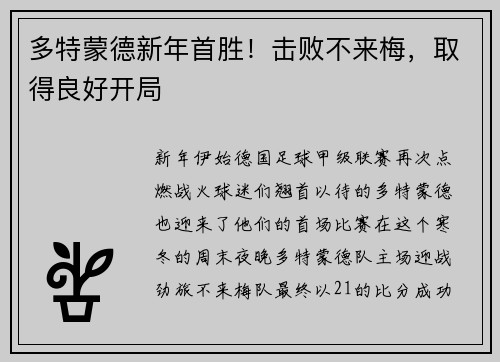 多特蒙德新年首胜！击败不来梅，取得良好开局