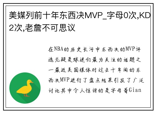 美媒列前十年东西决MVP_字母0次,KD2次,老詹不可思议