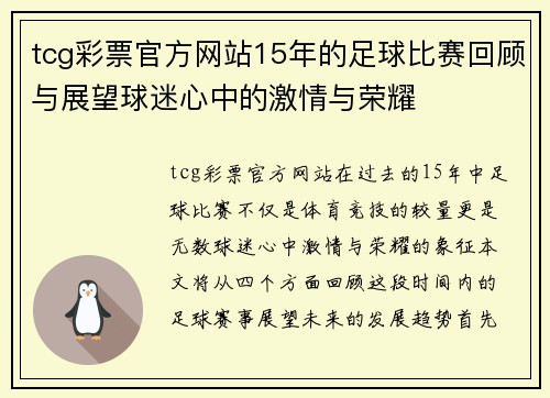 tcg彩票官方网站15年的足球比赛回顾与展望球迷心中的激情与荣耀