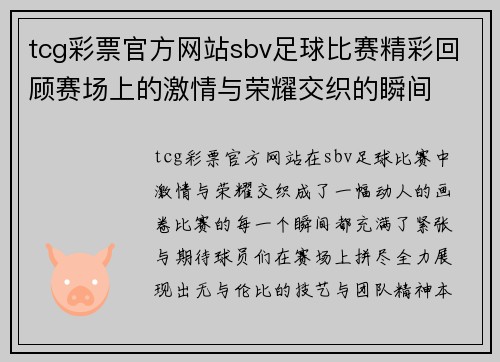 tcg彩票官方网站sbv足球比赛精彩回顾赛场上的激情与荣耀交织的瞬间