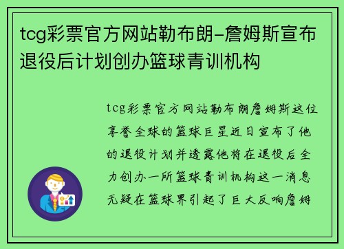 tcg彩票官方网站勒布朗-詹姆斯宣布退役后计划创办篮球青训机构