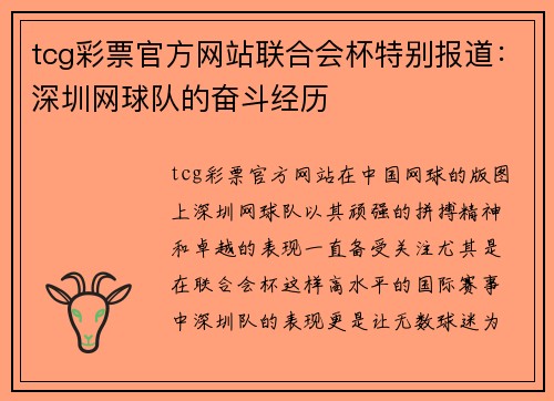 tcg彩票官方网站联合会杯特别报道：深圳网球队的奋斗经历